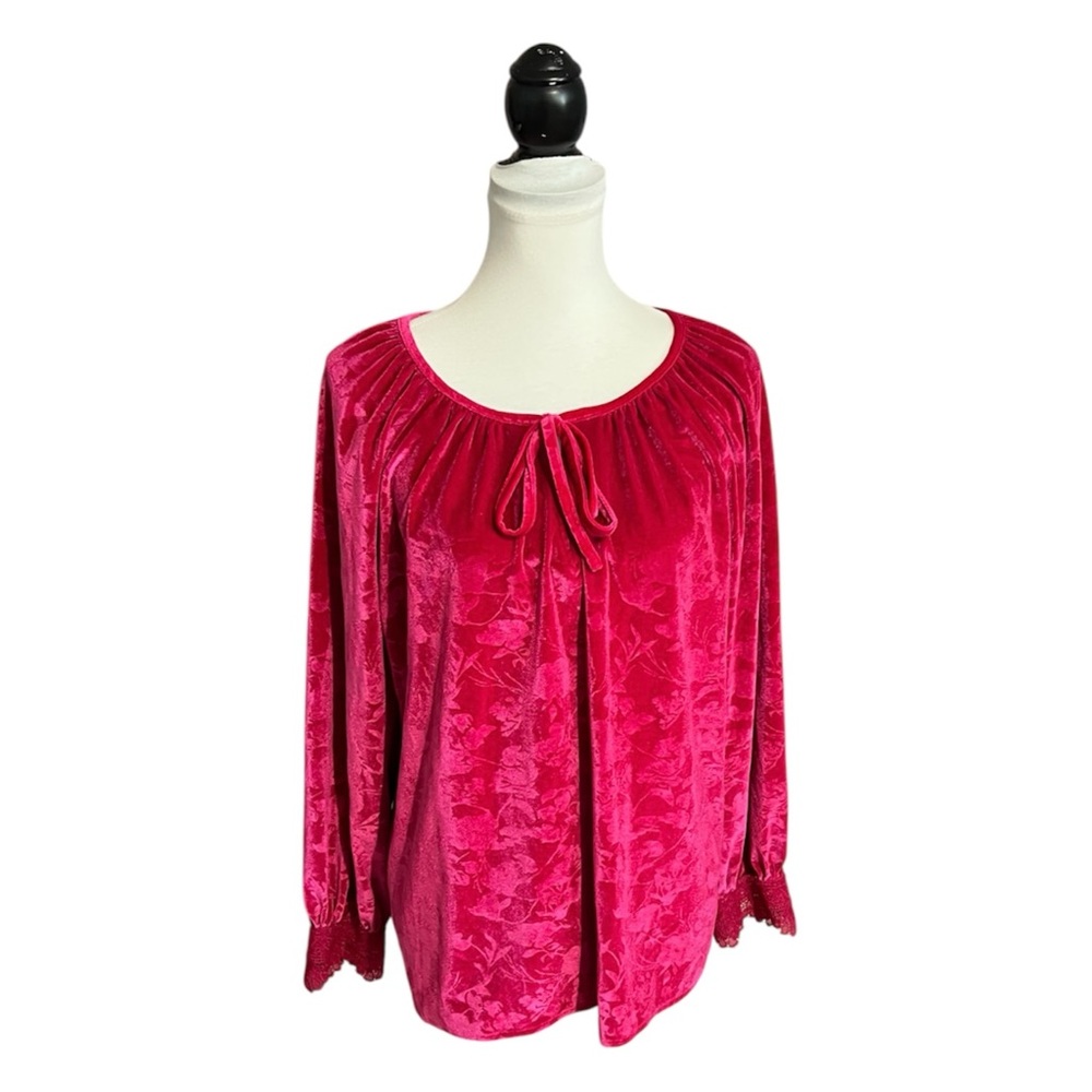 The Pioneer Woman Velour Blouse Size XL Fushia Tie Front Long Sleeve Lace Cuffs